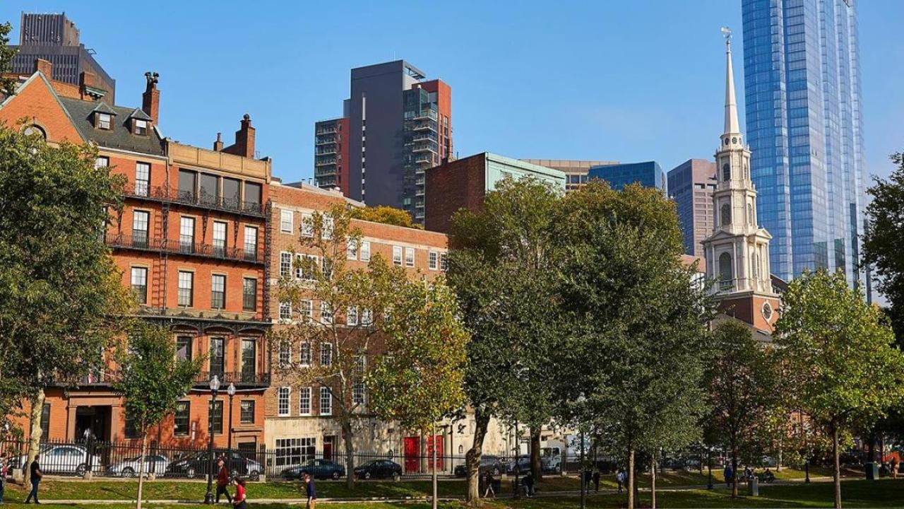 View of a Boston park and skyline.