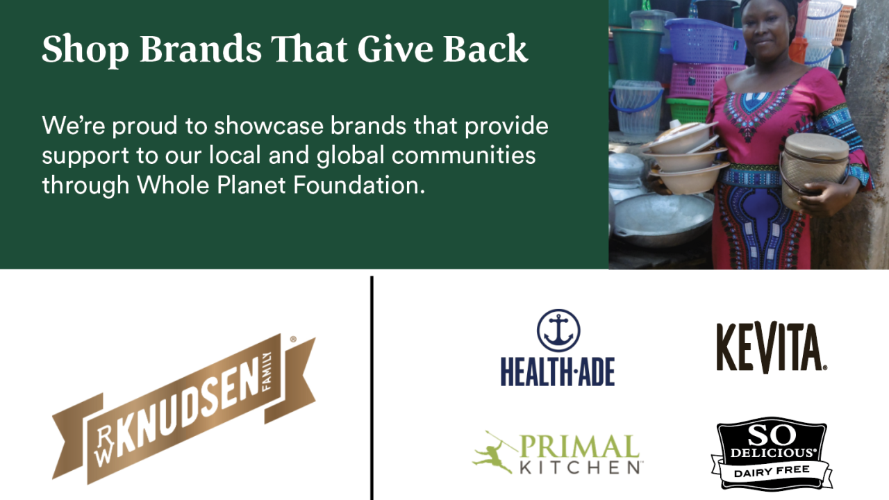 "Shop brands that give back" a photo of a person holding bowls with stacks of containers behind them. 5 logos of brands mentioned in the article below.