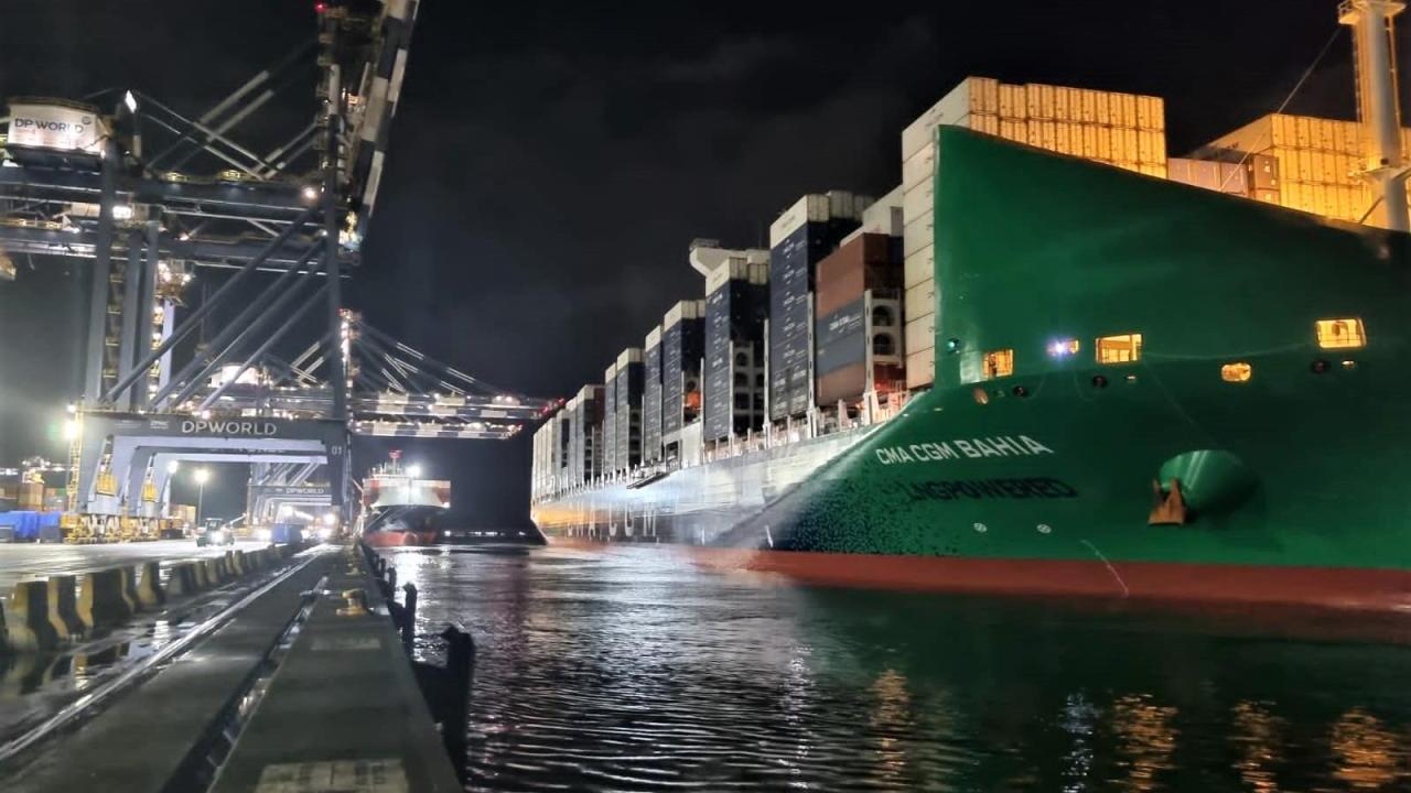 A large container ship in a docking bay