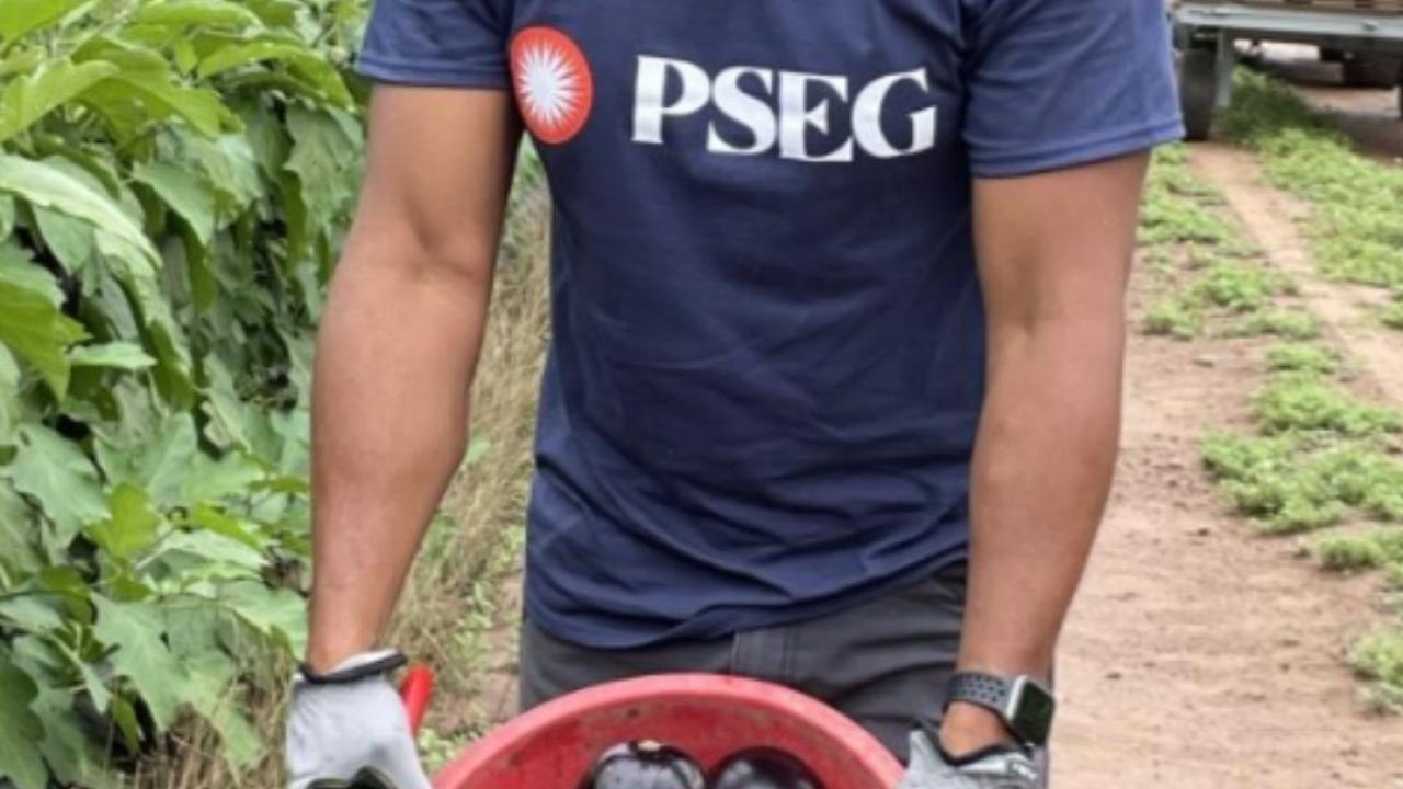 PSEG volunteer with a basket of eggplant