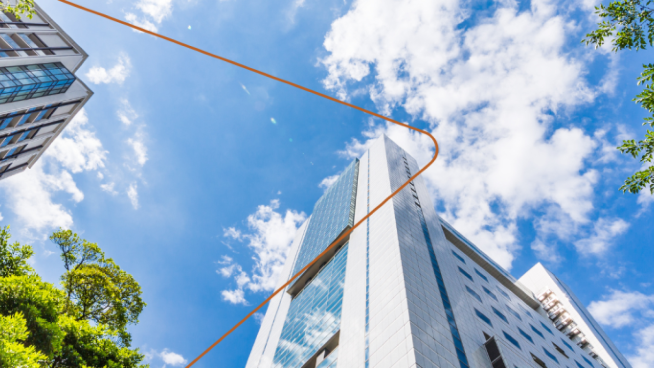 View looking from the ground up to the top of tall buildings. Tree tops and a partly sunny sky in between buildings.