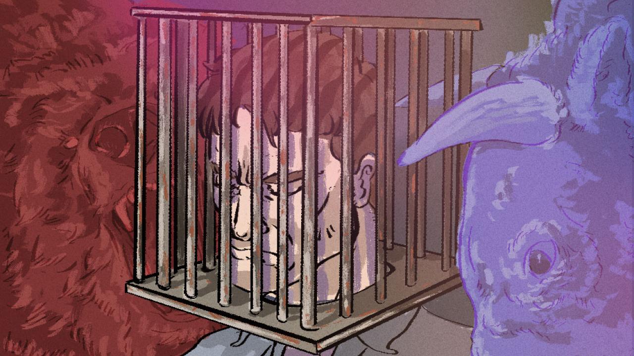 Illustration of person with head in cage with a bull and a bear on either side