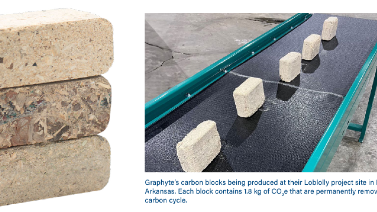 Graphyte’s carbon blocks being produced at their Loblolly project site in Pine Bluff, Arkansas. Each block contains 1.8 kg of CO2 e that are permanently removed from the carbon cycle.