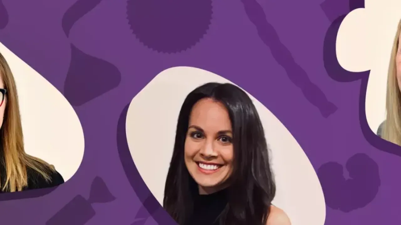 Three separate headshots on a purple background 