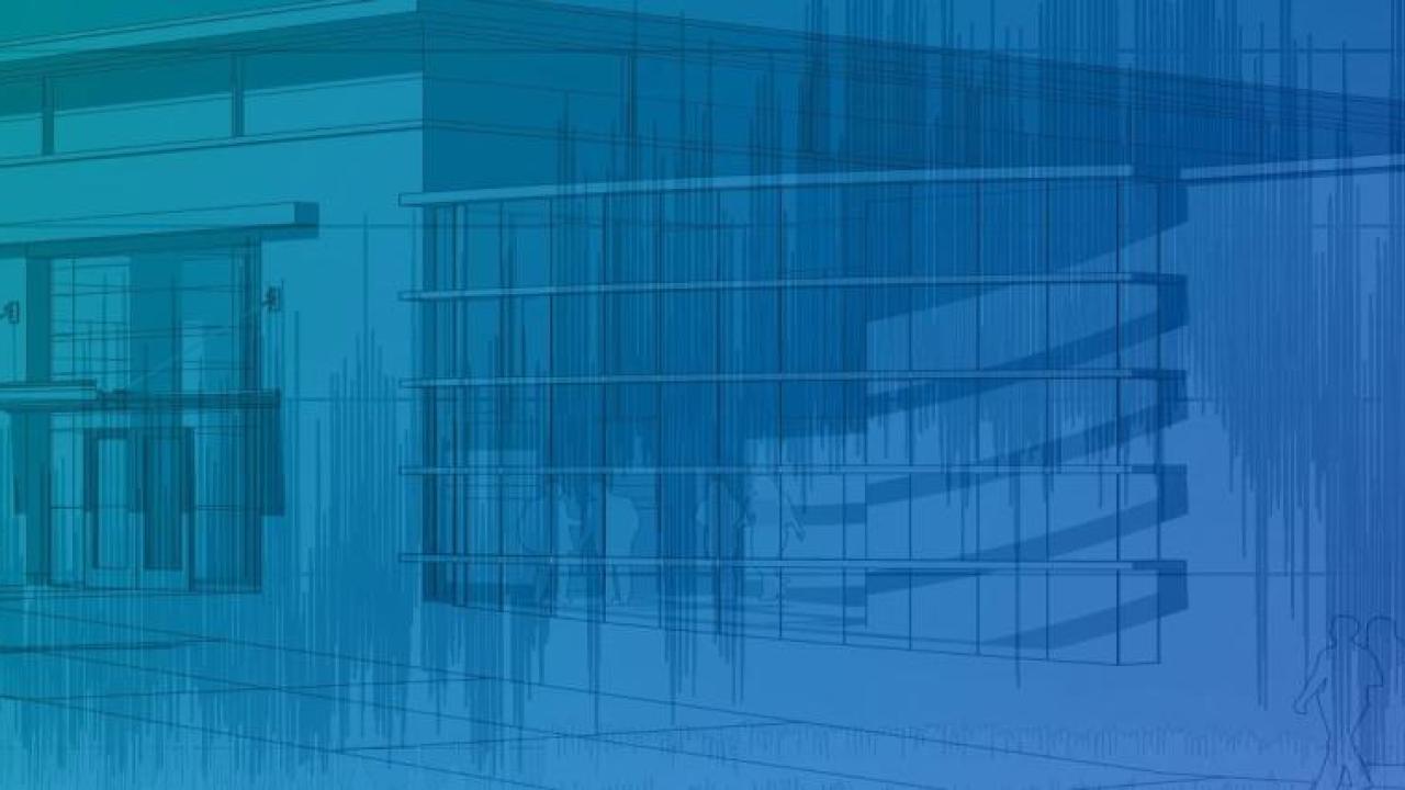 A blueprint type sketch of the exterior of a building with outlines of people.