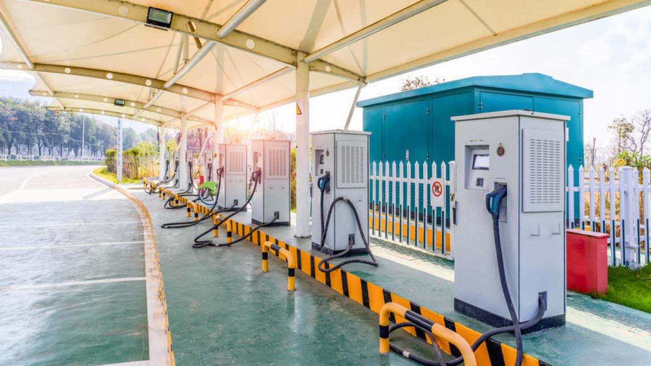A row of EV charging stations