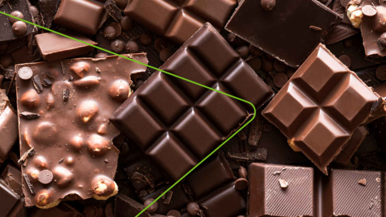 Close up of different chocolate bars.