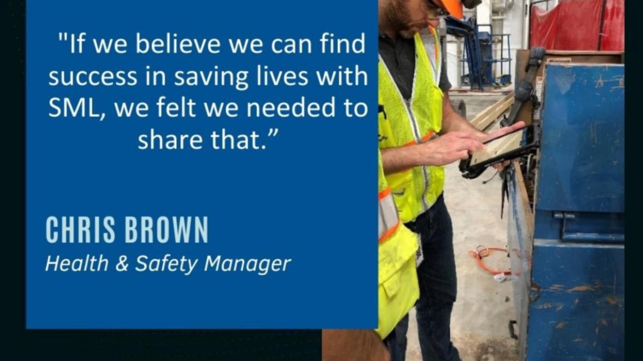 Quote from Chris Brown next to an image of a person in high-vis clothing checking a tablet.
