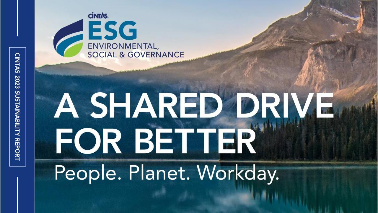 Cintas ESG Report Cover:  A Shared Drive for Better. People. Planet. Workday.
