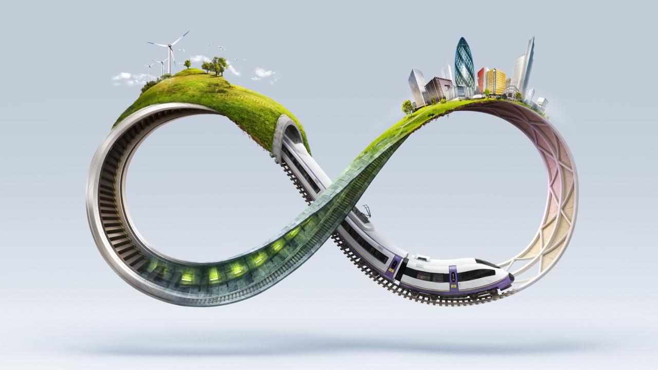 An illustration of a train going round in an infinity loop 