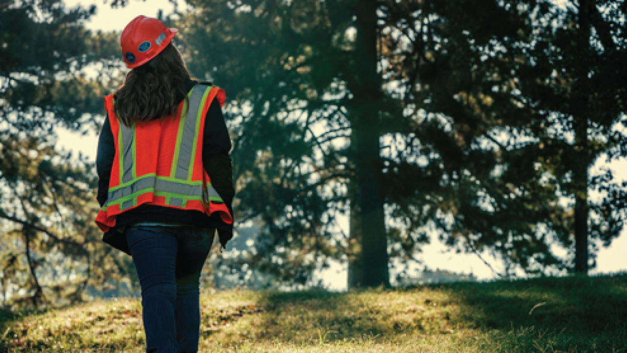 A person in hard hat and high-vis vest walking away through a forested area.