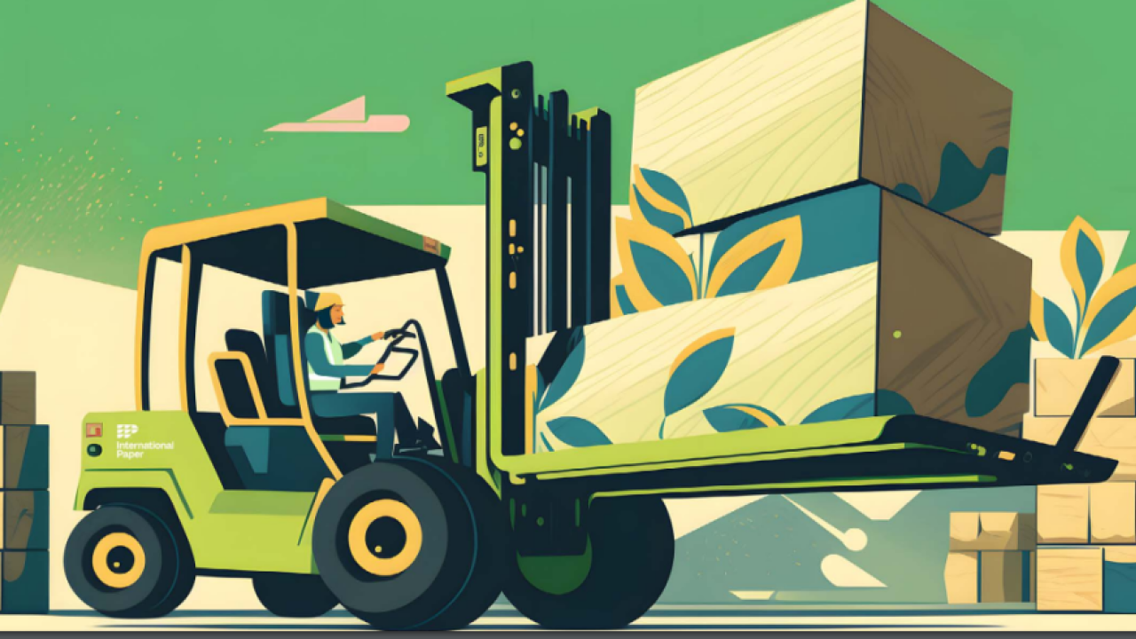 digital drawing of a person using a forklift to move stacks of wood.