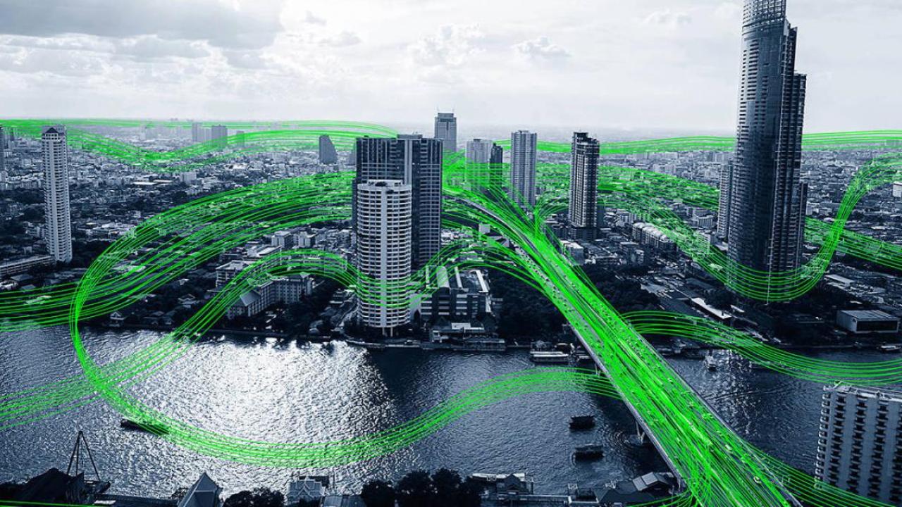 City shown with green waves going through out