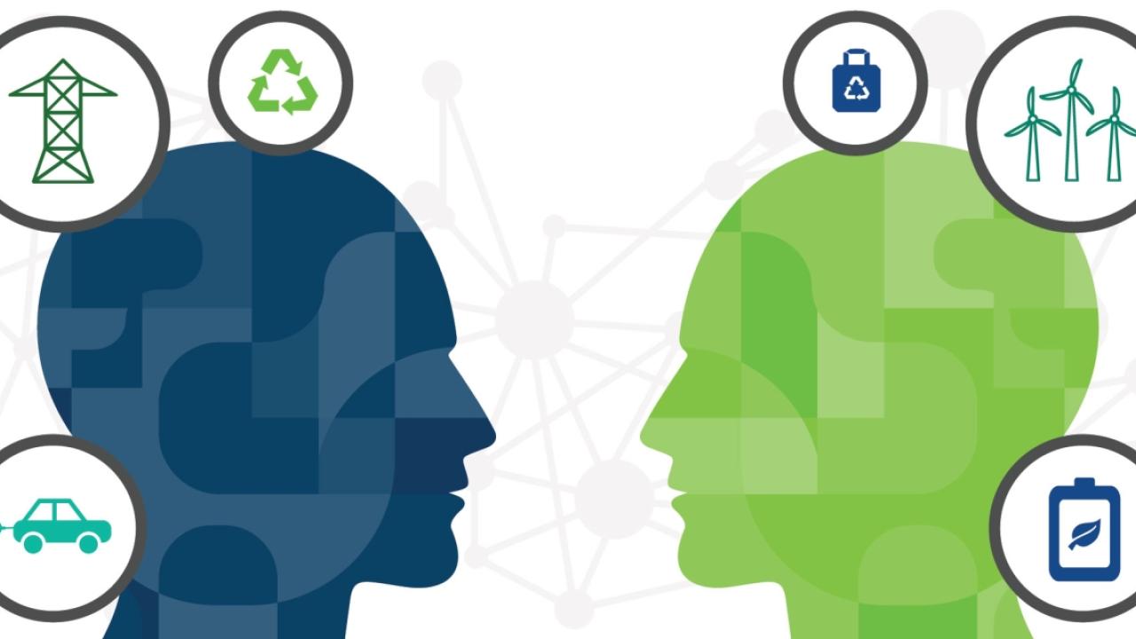 blue profile and green profile surrounded by icons for energy and recycling
