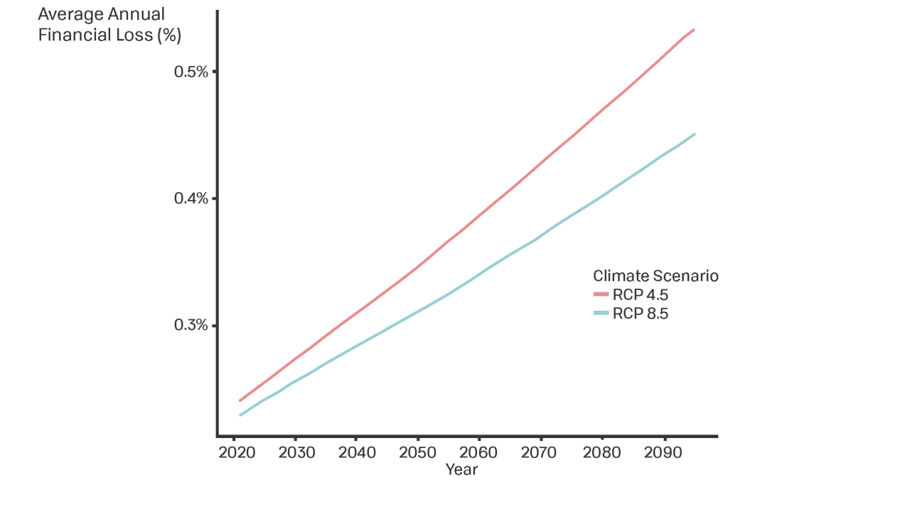 Graph of average annual financial loss over time in different climate scenarios