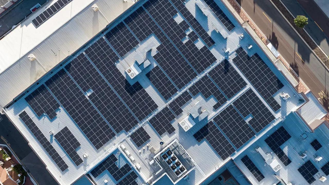 Aerial view of a rooftop solar system.