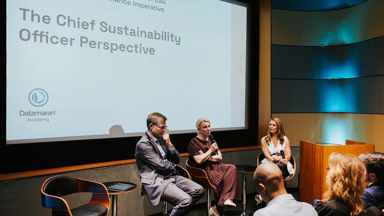 Three people seated in front of others. A large display behind them "The Chief Sustainability Officer Perspective".
