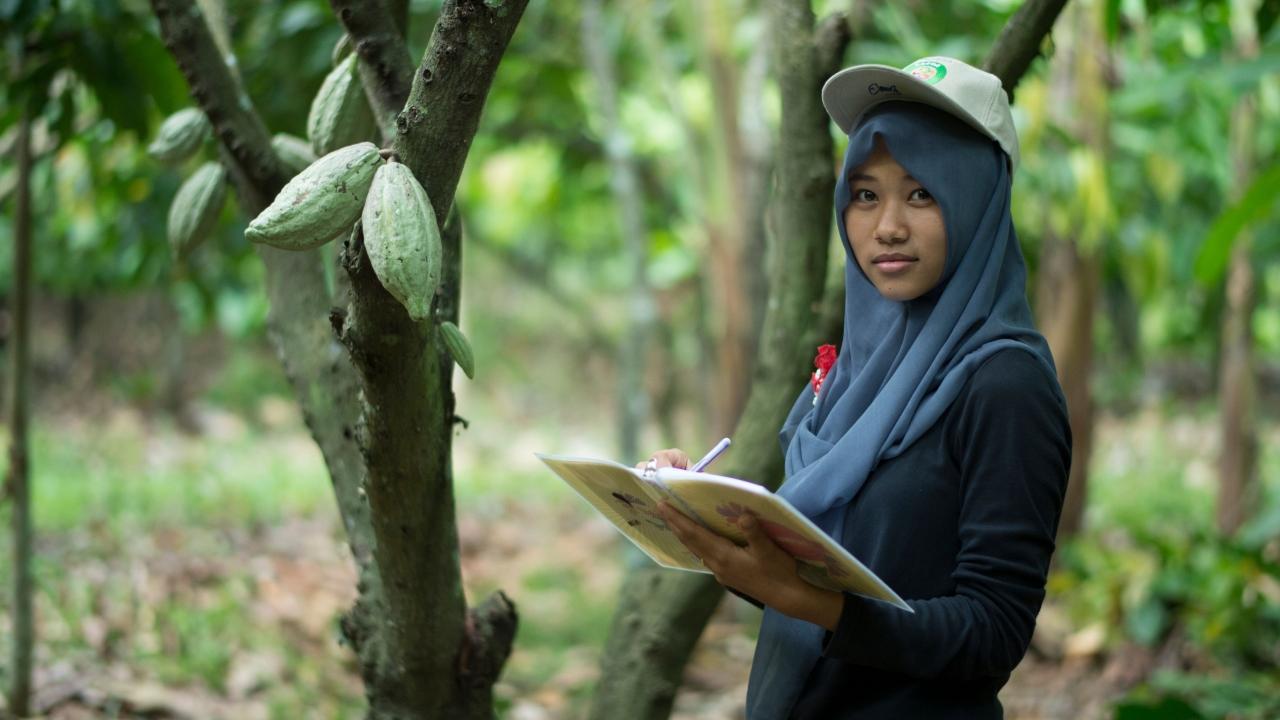 Woman near cocoa plant