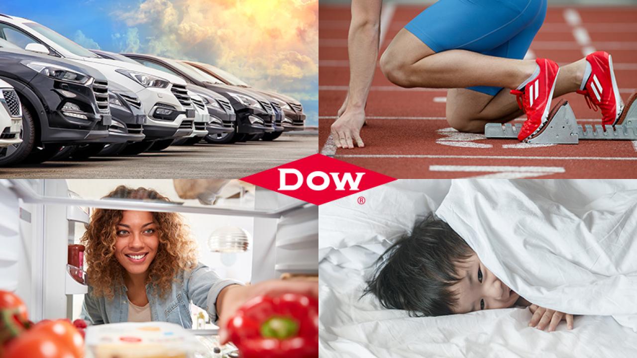 Collage of four photos. A line of vehicles, a runner on starting blocks, a person reaching in a fridge, and a child on a bed with white linens. Dow logo is central.