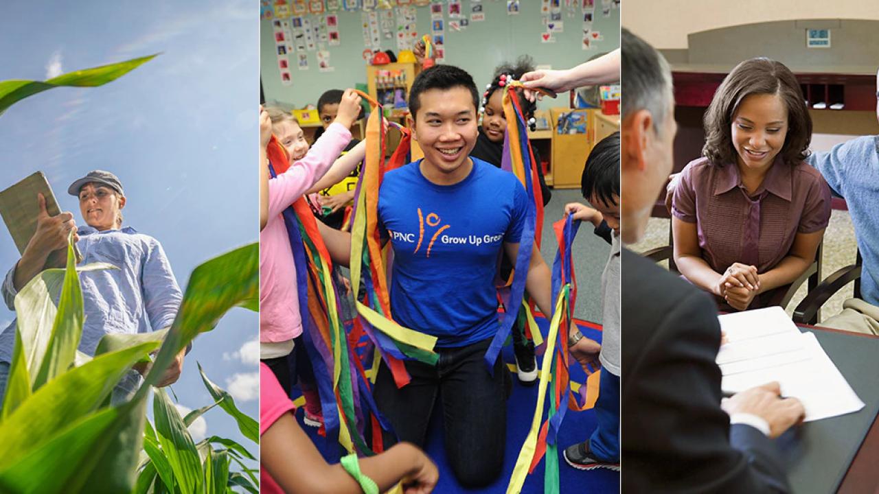 Collage of three pictures: a person standing in a corn field, a person in the middle of a group of children with colorful streamers, and a couple sitting at a desk across from someone handling paperwork