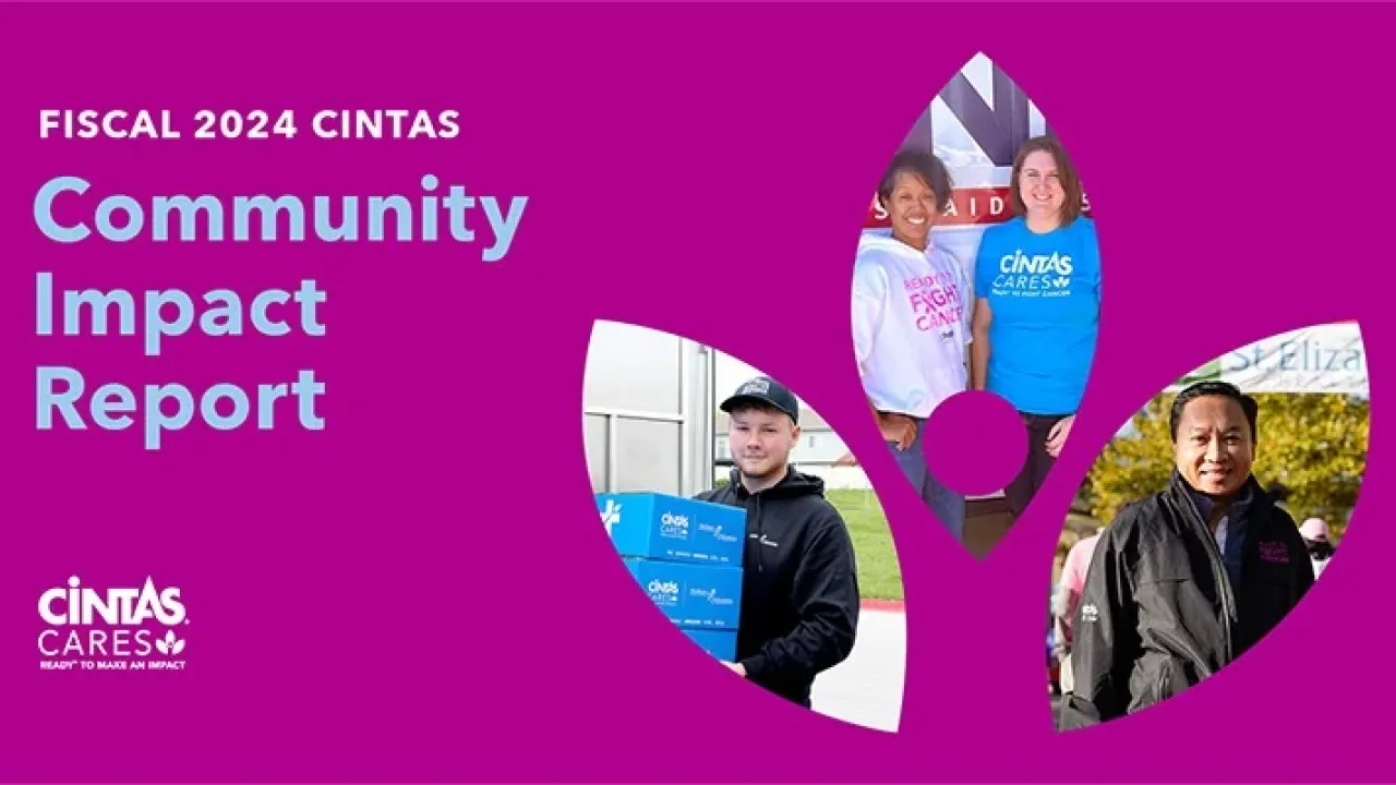 Cover page "Fiscal 2024 Cintas Community Impact Report" on the right a collage of different people in leaf shaped framing.