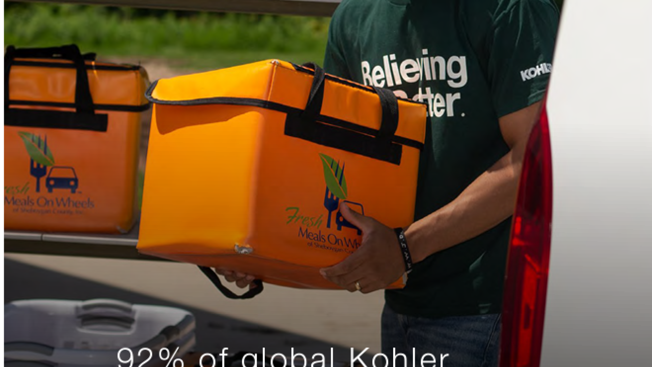 a volunteer unloading an insulated bag "Meals on Wheels" on the front. "92% of global Kohler locations with more 100 associates have formal stewardship plans or engage in stewardship activities."
