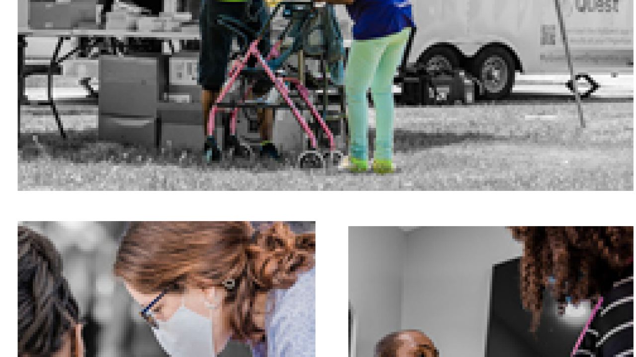 Collage of three photos: A person helping another who is using a walker. A portable tent and open trailer in the background. Two people wearing protective masks looking at the same paper. A person swabbing the nose of another.