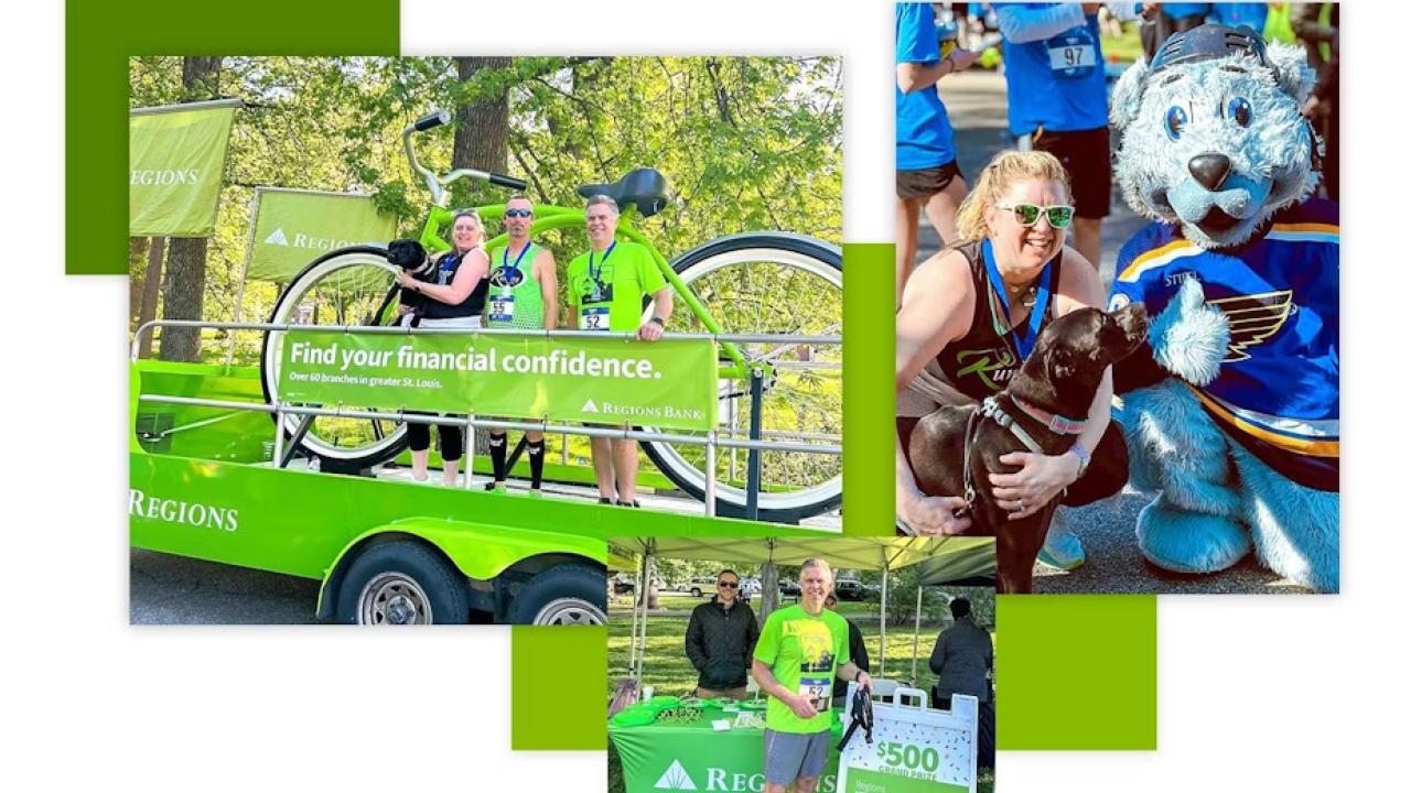 Collage of volunteers with a mascot, posed with a green bike, in front of a regions booth.