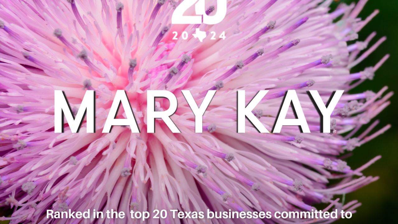 TxN20 2024 logo. "Mary Kay Ranked in the top 20 Texas businesses committed to conservation" Close up of a flower in the background.