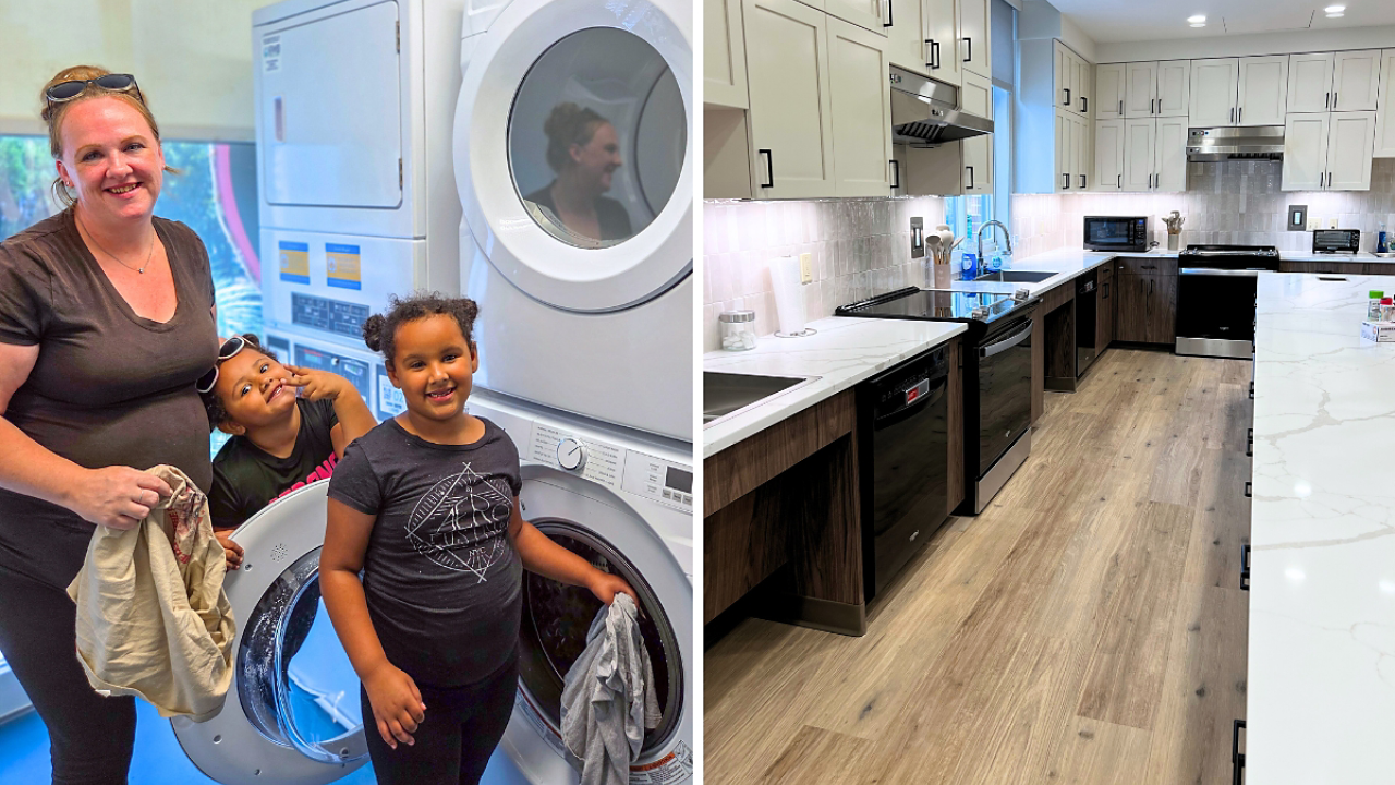 Collage of people using a washing machine, and a kitchen