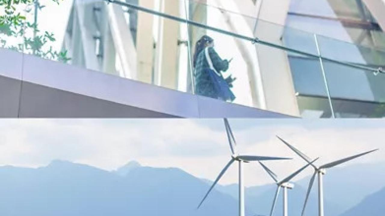 Collage of images of an iceberg, person walking across a skywalk, wind turbines in a foggy sky, and a person fishing from a small boat.