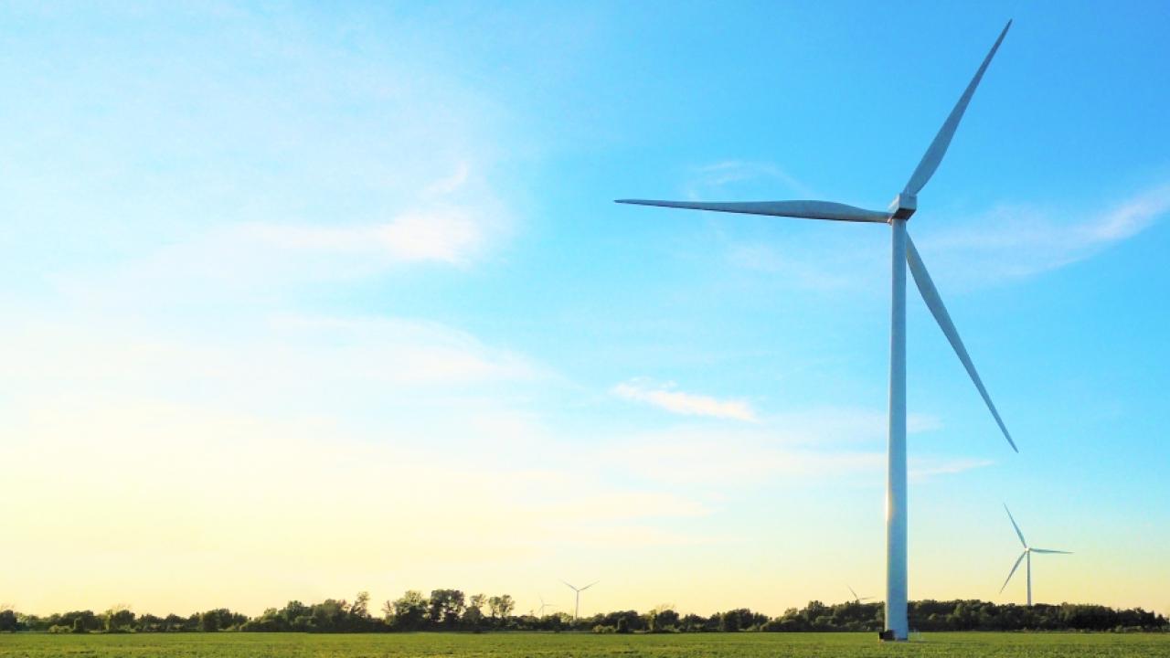 wind turbines at dawn on an open field