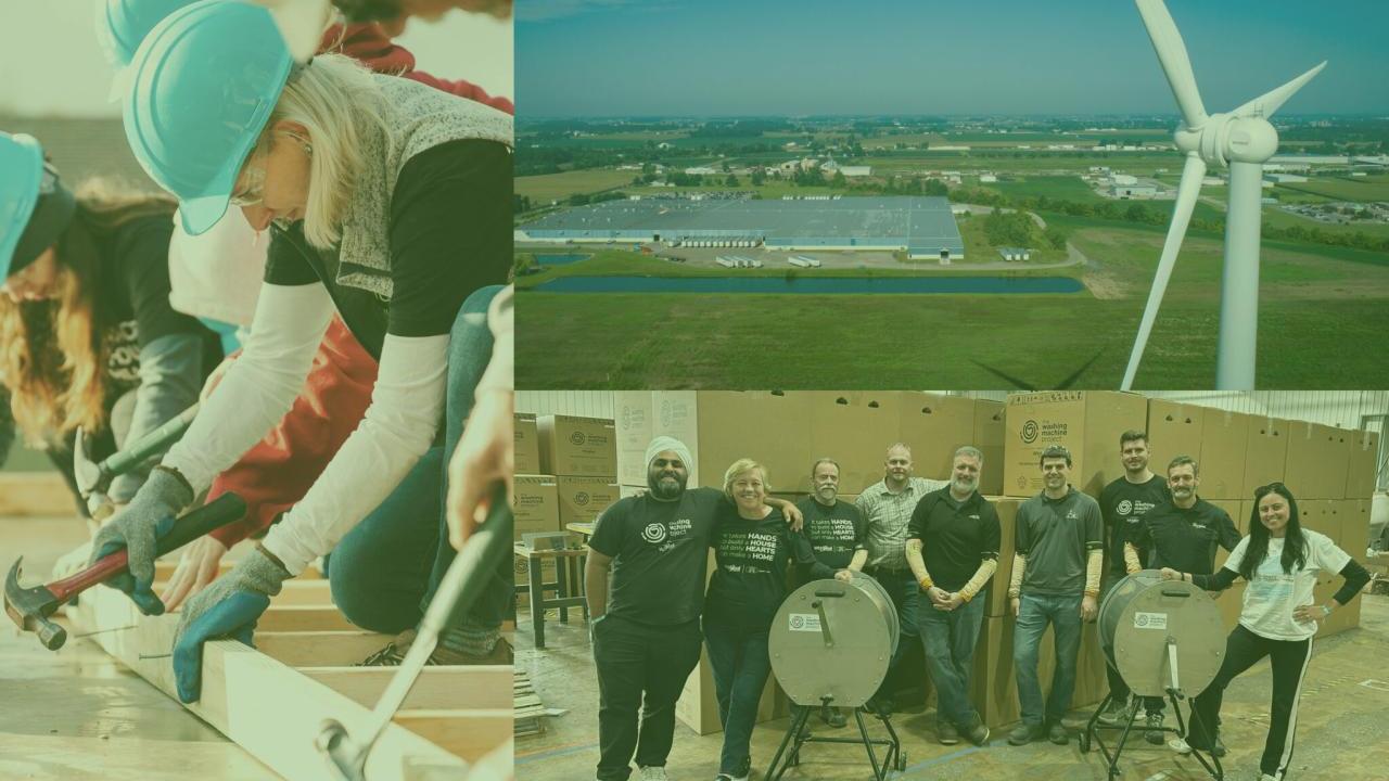 Collage of people building a wood frame, a wide view of a wind turbine and surrounding area, and a group posed around two drums.