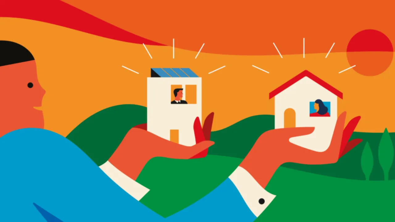 Abstract drawing of a person holding a home in each hand