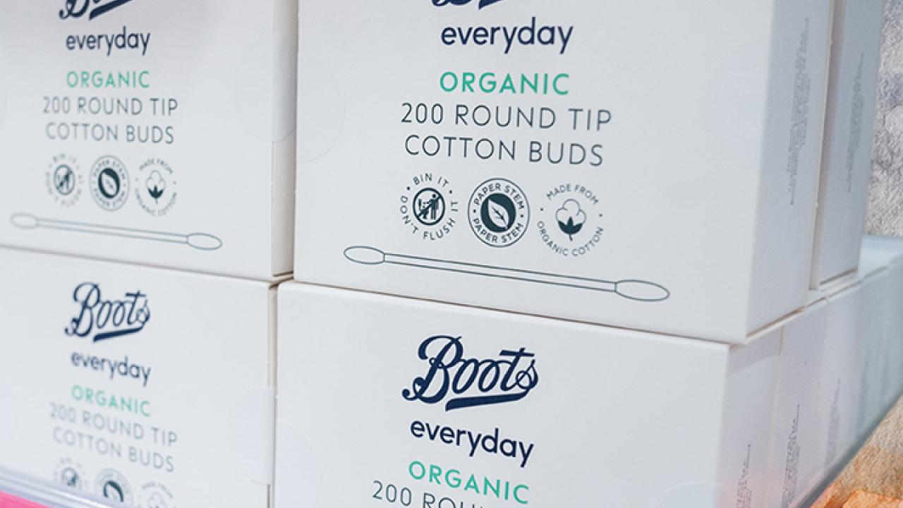 Stacked boxes "Boots everyday Organic 200 round tip cotton buds" on the side.