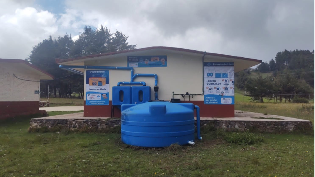 rainwater harvesting system outside a rural school
