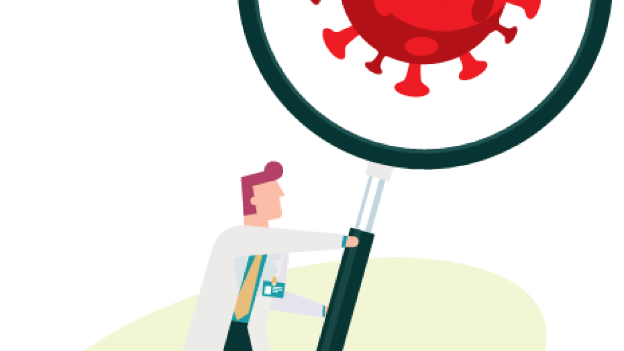 an abstract person in a white coat holding an oversized microscope focused on a coronavirus model