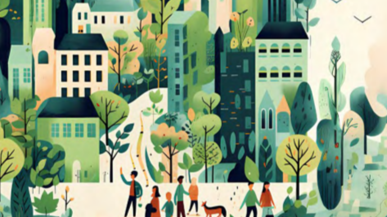 Digitized town landscape with people, park settings, trees, buildings.