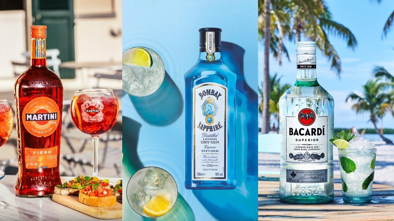 Collage of three images, different Bacardi beverage bottles and a cocktail glass next to it
