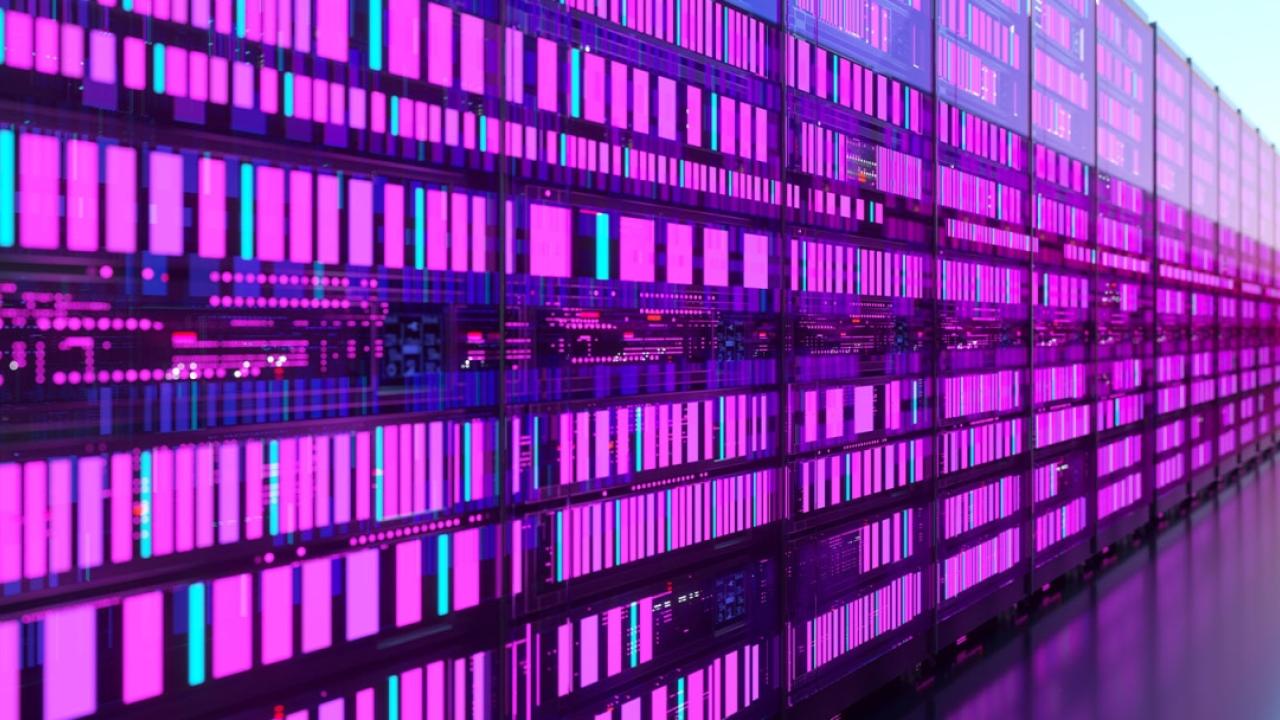 Long rows of lit-up servers