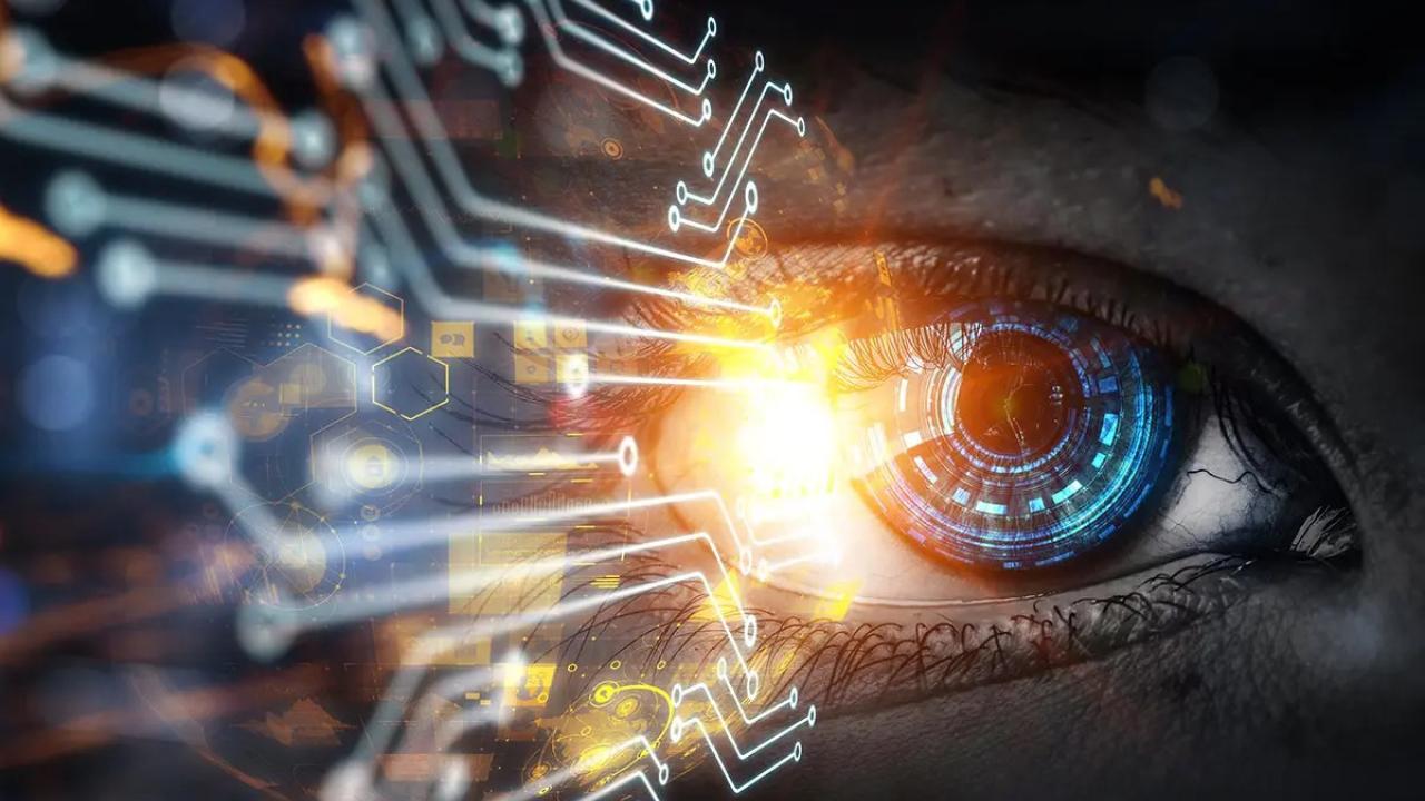 Close up of an eye with digitized circuits connected to it.