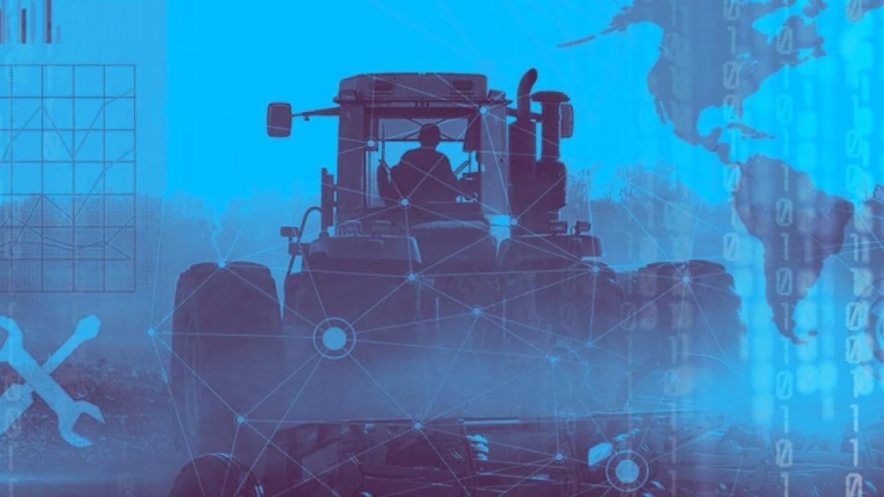 abstract image of tractor in a blue background, a matrix of numbers, code, map overlayed