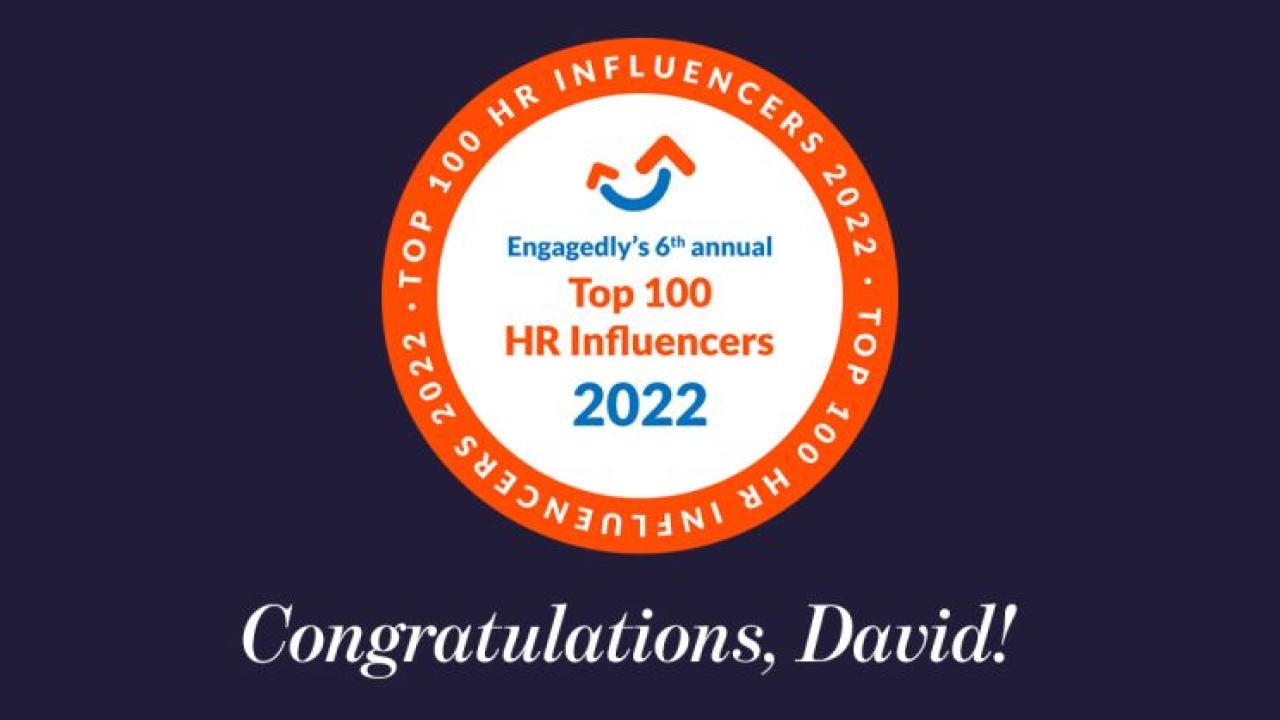"congratulations David" and award seal with "top 100 HR influencers 2022" in the center