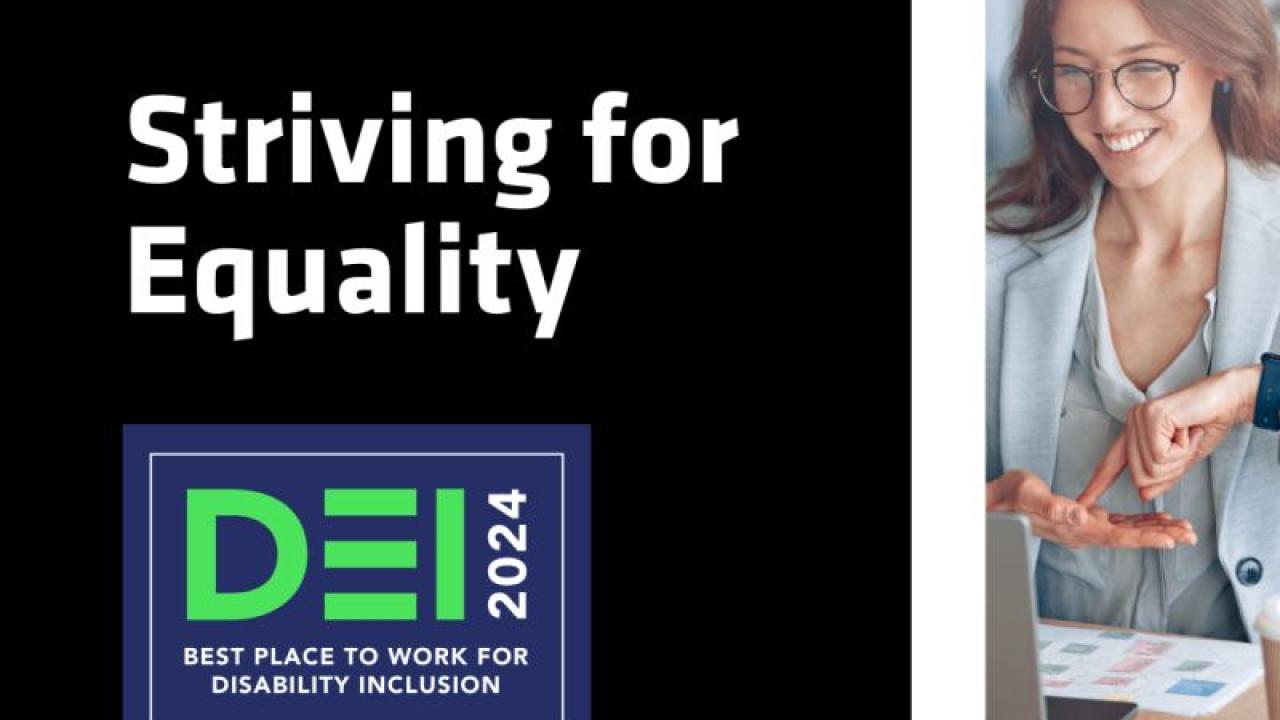 "Striving for Equality" DEI 2024 badge. A person using sign language in front of a laptop in the background.
