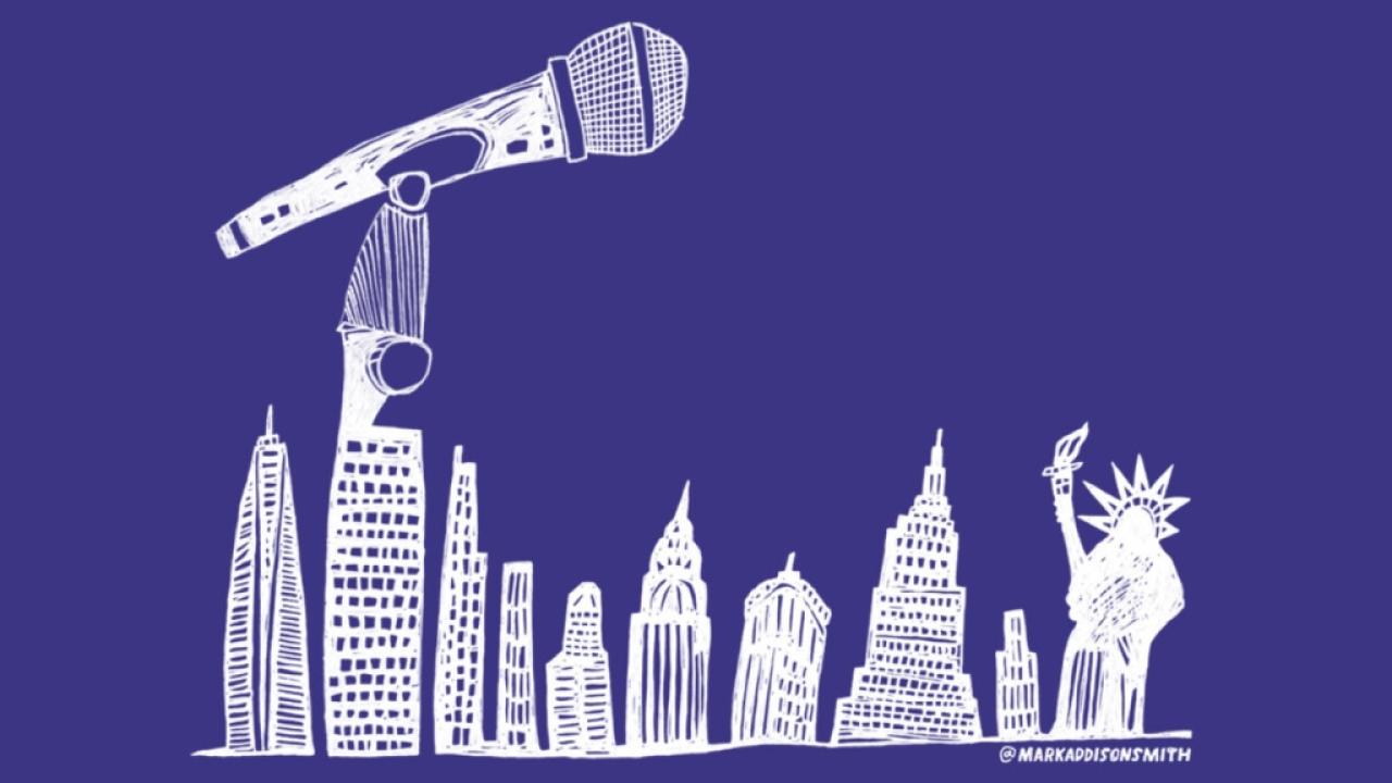Illustration of the NYC skyline with a mic coming out of the top