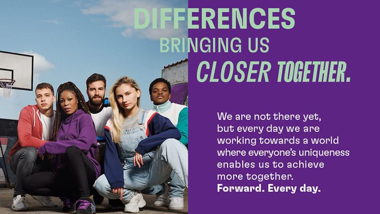 Photo of a group of people with text "Imagine Differences bringing us closer together."