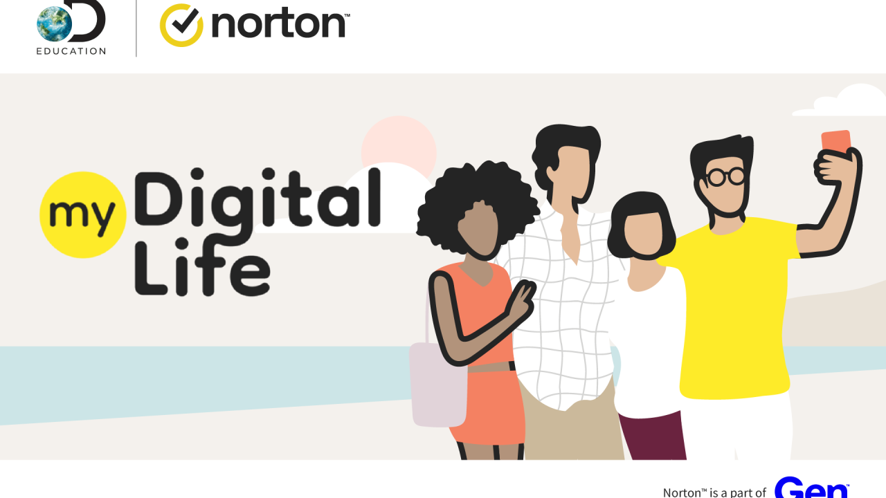 "my Digital Life" and abstract drawing of four people hugging, one with a phone held up.