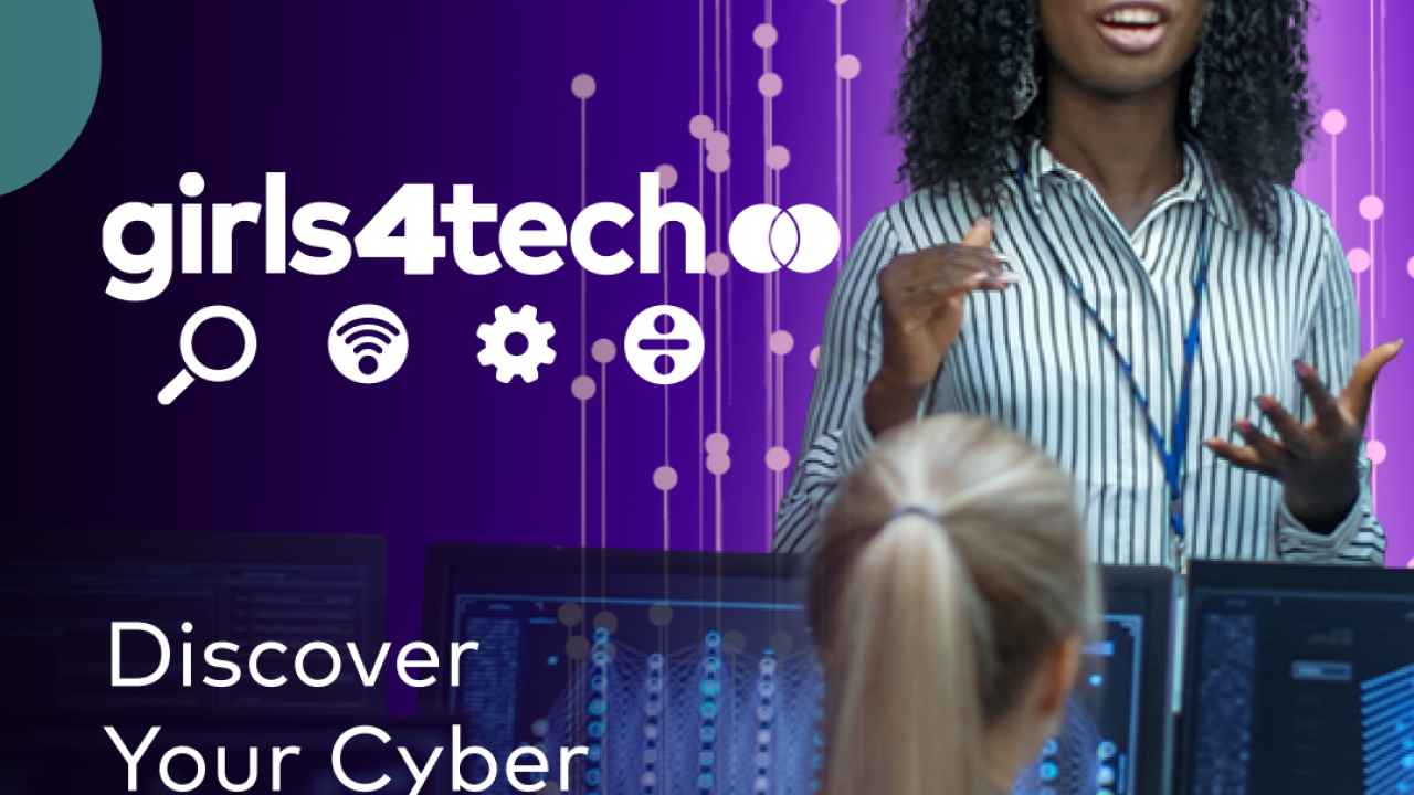 "Girls4tech: Discover your cyber superpowers" Picture with person speaking