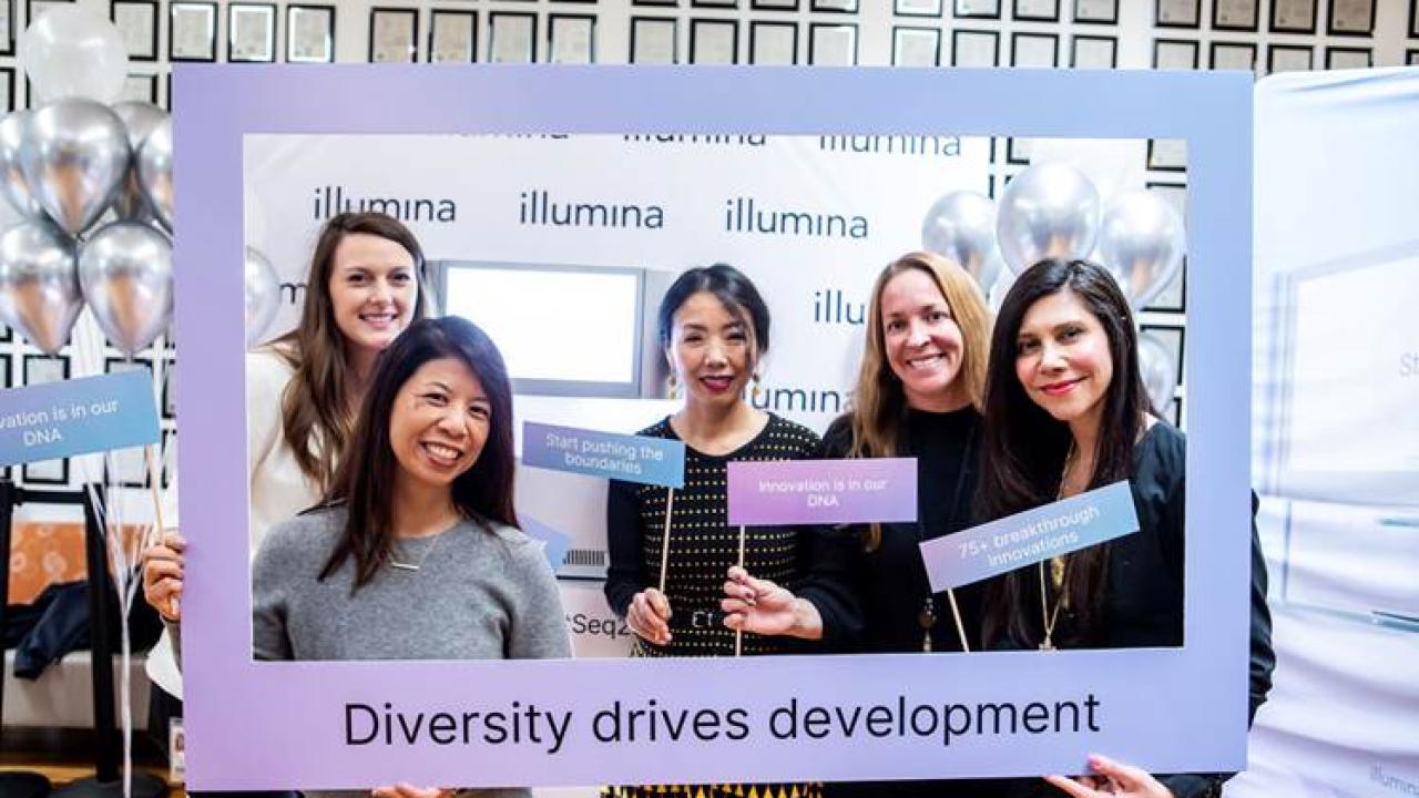 Illumina Female Employees holding Diversity drives development sign.