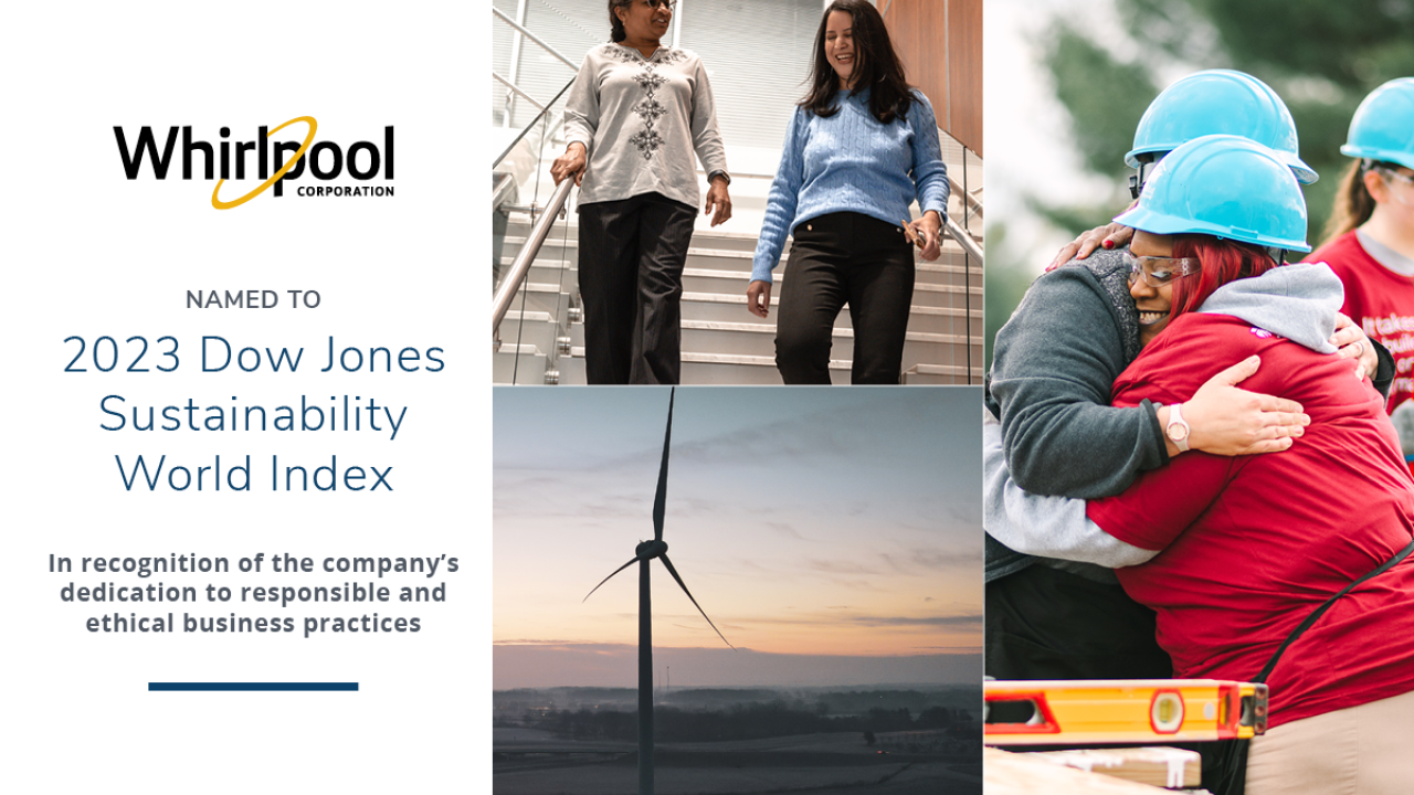 "Whirlpool Named to 2023 Dow Jones Sustainability World Index" next to a collage of images of a wind turbine, people walking down a staircase, and others hugging.